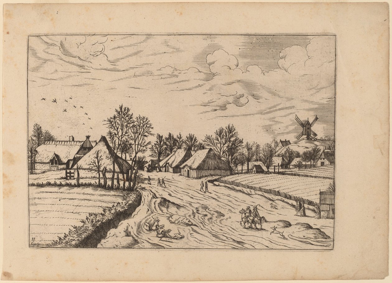 Landsby med Postmølle af Johannes and Lucas van Doetechum after Master of the Small Landscapes