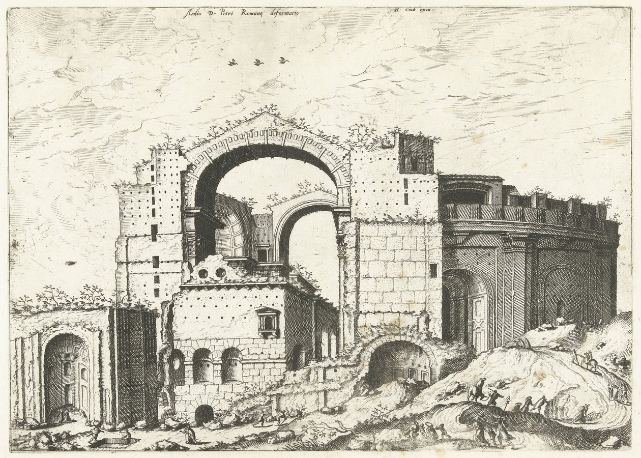 Gezicht op de Sint Pieter i Rom Deformation af Aedis D. Peter Romana (titel på objekt) Romerske ruiner, 1561 (serietitel) af Johannes of Lucas van Doetechum (attributed to)