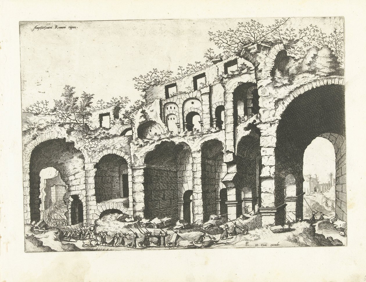 Udsigt over et amfiteater sandsynligvis Colosseum Romerske ruiner, 1561 (serietitel) af Johannes of Lucas van Doetechum (attributed to)