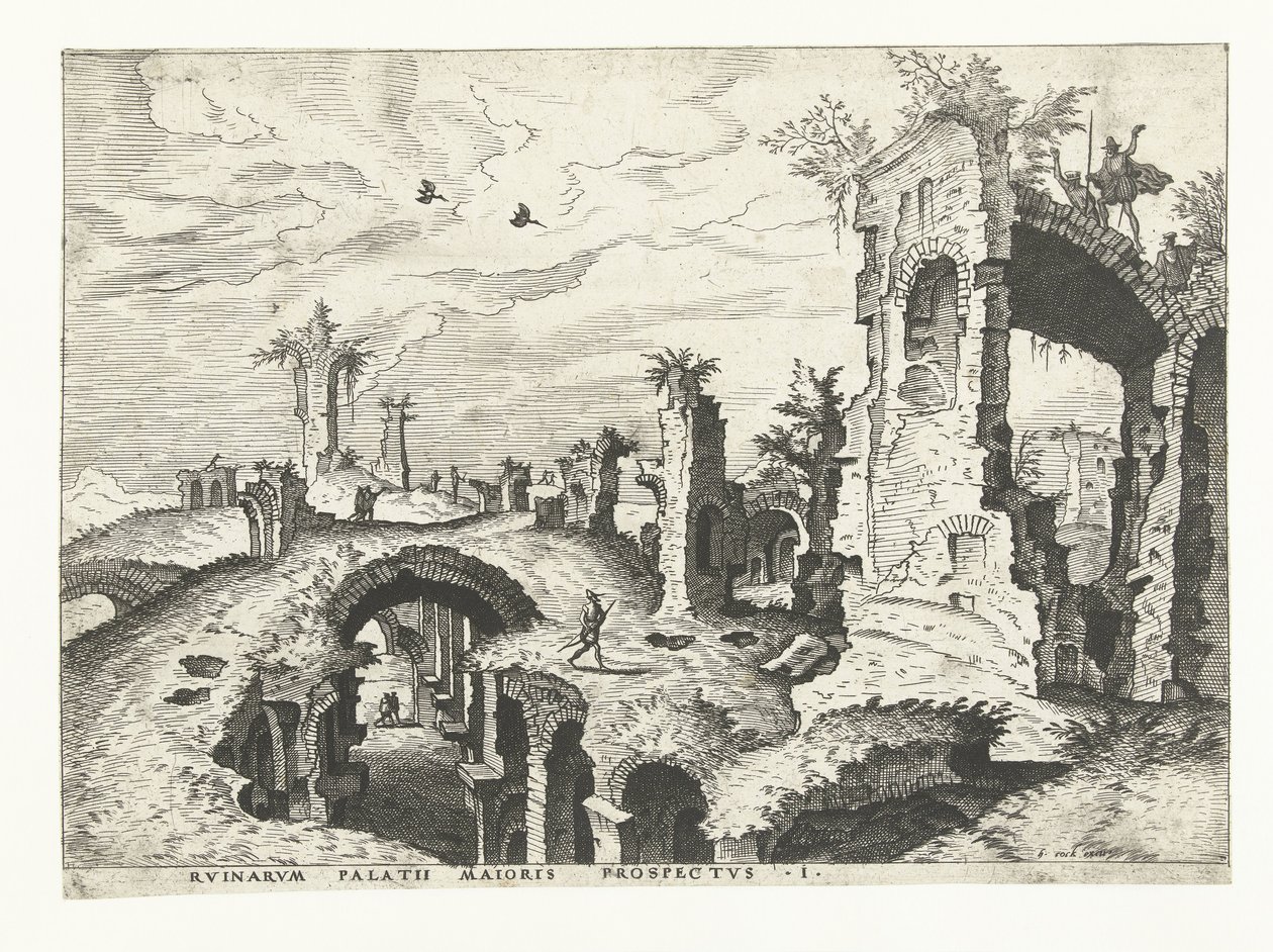 Udsigt over ruiner på Palatinerhøjen i Rom Romerske ruiner, 1561 (serietitel) af Johannes of Lucas van Doetechum (attributed to)