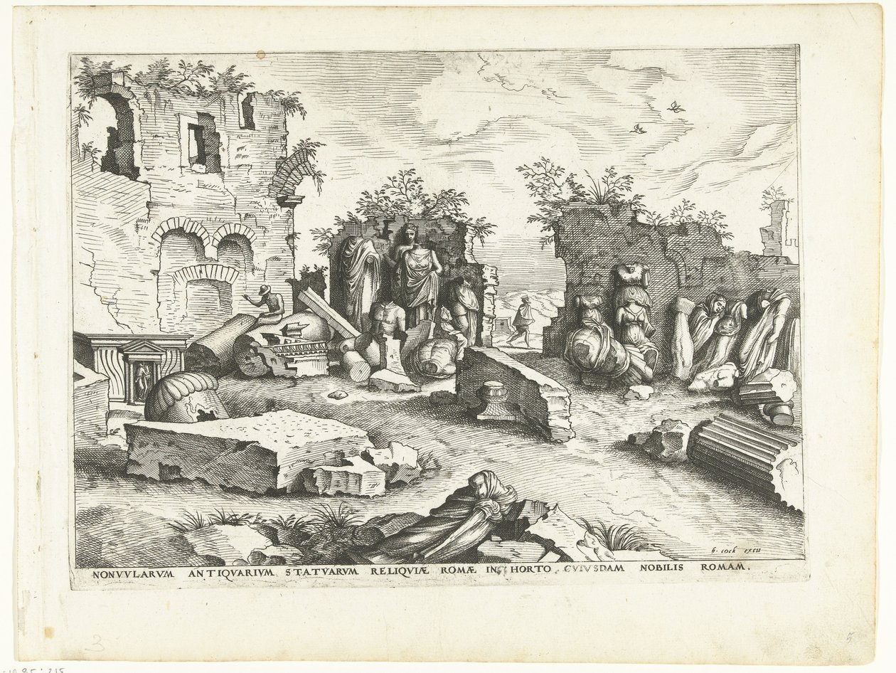 Have med fragmenter af antikke statuer Romerske ruiner, 1561 (serietitel) af Johannes of Lucas van Doetechum (attributed to)