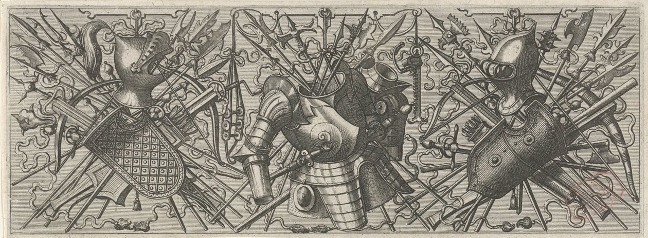 Frise med en hjelm, et skjold og krydsede pindevåben og armbrøster til venstre Panoplia sev armamentarium... (serietitel) af Johannes of Lucas van Doetechum