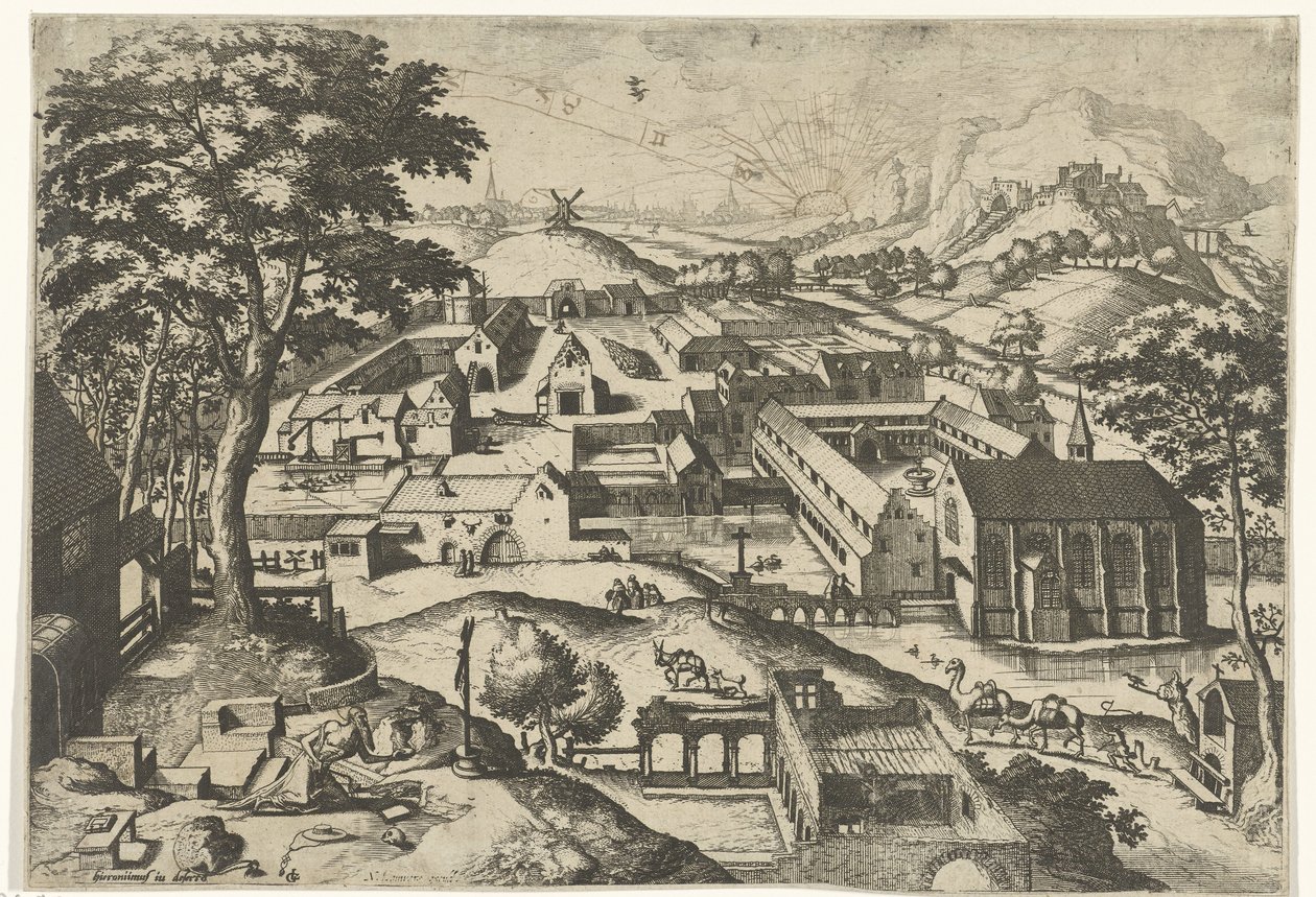 Landskab med Sankt Jerome hieronimus in deserto (titel på objekt) Landskaber med kristne historier (serietitel) af Johannes of Lucas van Doetechum