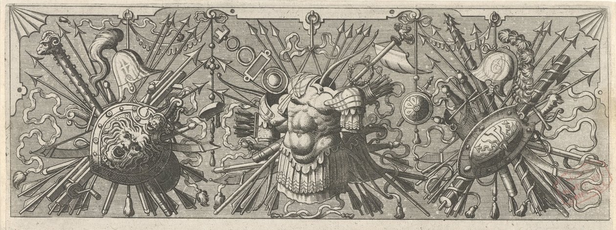 panopli. Frise med romerske våben, overdel Panoplia sev armamentarium... (serietitel) af Johannes of Lucas van Doetechum