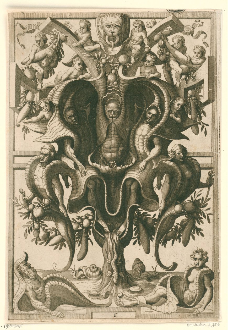 Skallignende ornament, hvori figurer er fængslet. Veelderleij Wisselinghe van grotissen ende Compertimenten (...)Libro Primo (serietitel) af Johannes of Lucas van Doetechum