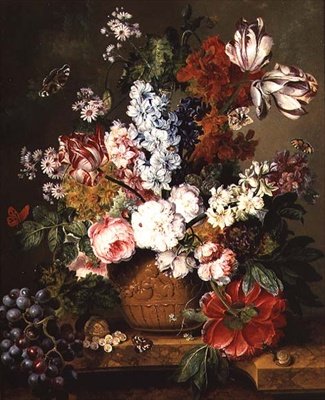 Frugt og blomster på en marmorkant af Johannes or Jacobus Linthorst