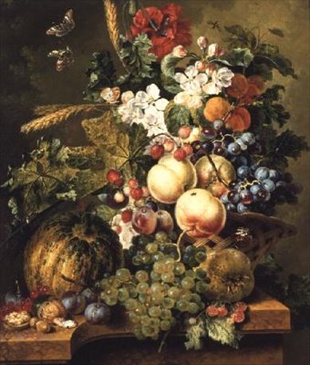 Frugt og blomster på en marmorkant af Johannes or Jacobus Linthorst