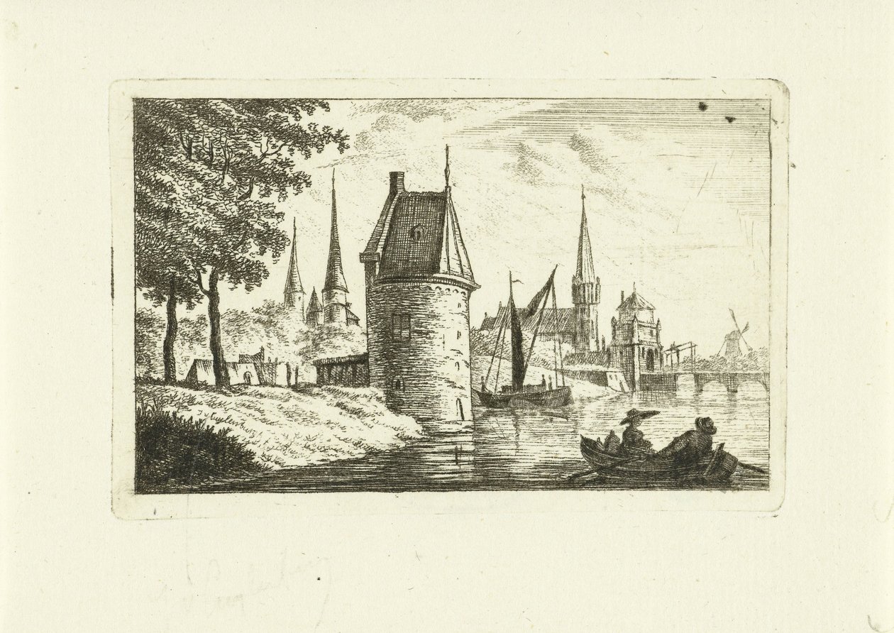 Bybillede med tårn ved floden af Johannes van Cuylenburgh