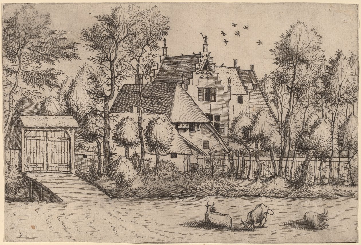 Landhus med grøft af Johannes van Doetechum, the Elder and Lucas