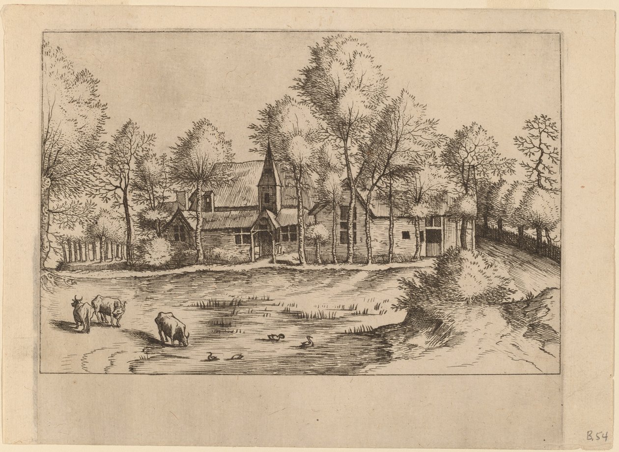Landsby med kirke af Johannes van Doetechum, the Elder and Lucas