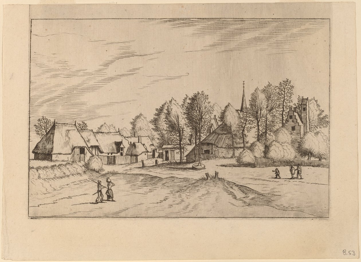 Landsby med kirketårn af Johannes van Doetechum, the Elder and Lucas