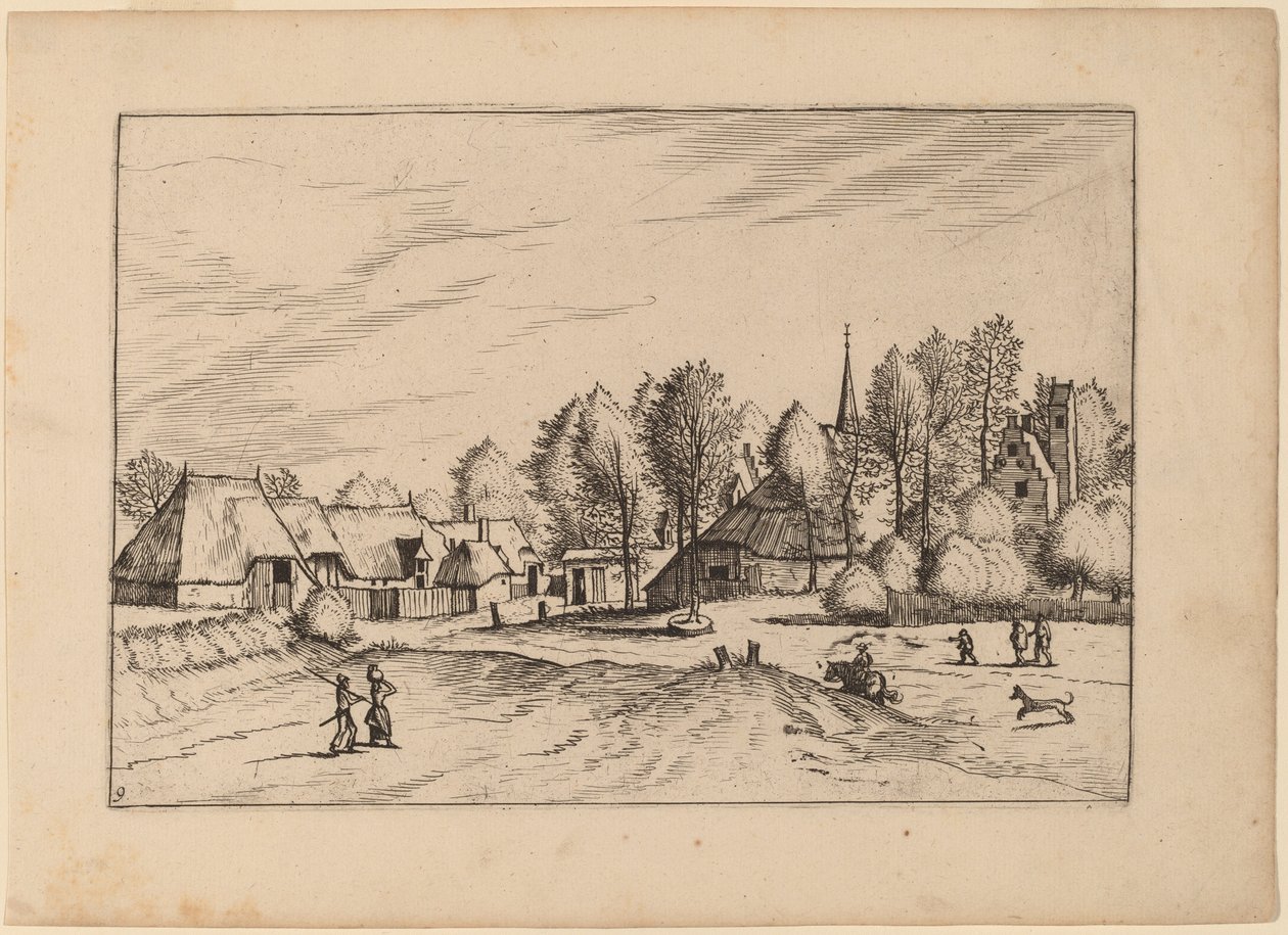 Landsby med kirketårn af Johannes van Doetechum, the Elder and Lucas
