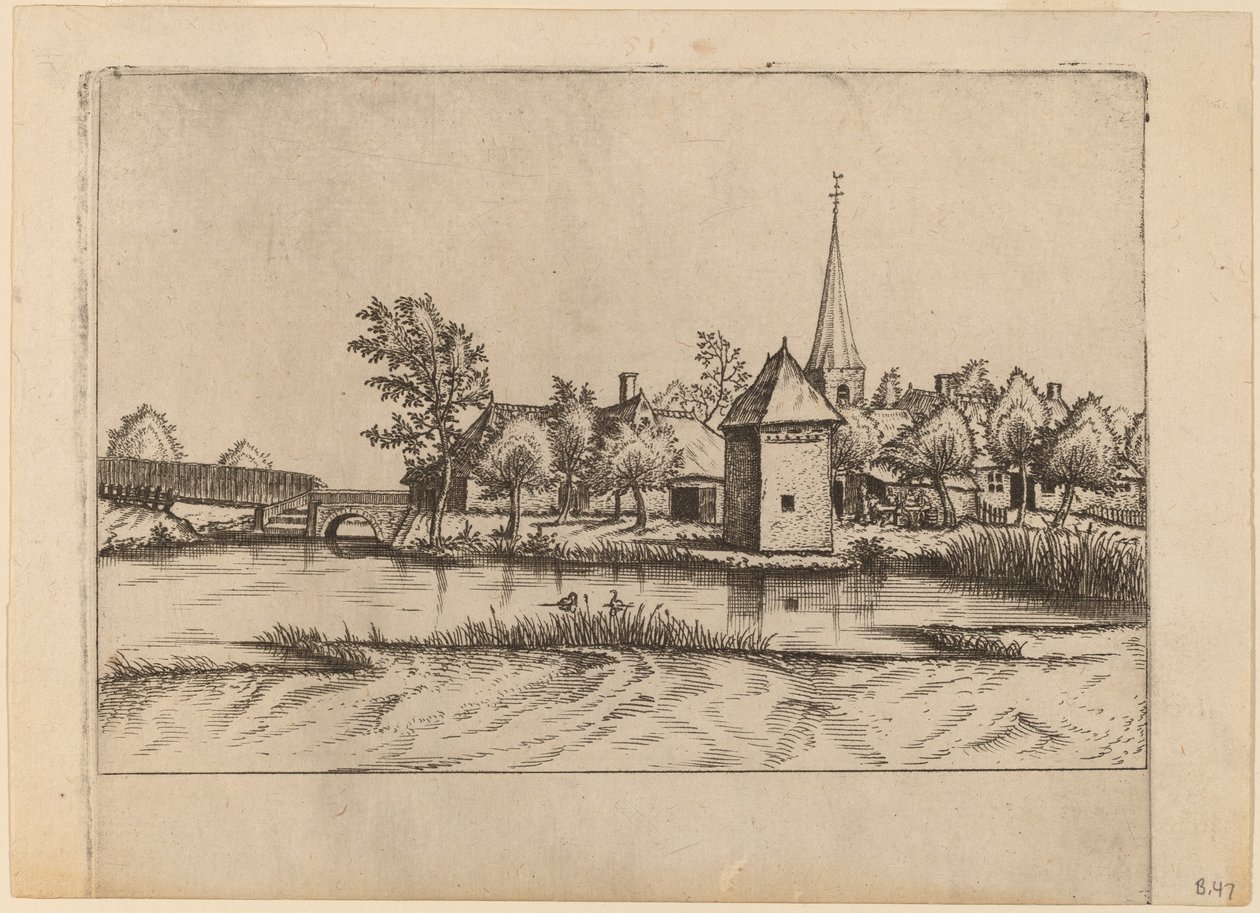 Landsby med kirke og bro af Johannes van Doetechum, the Elder and Lucas