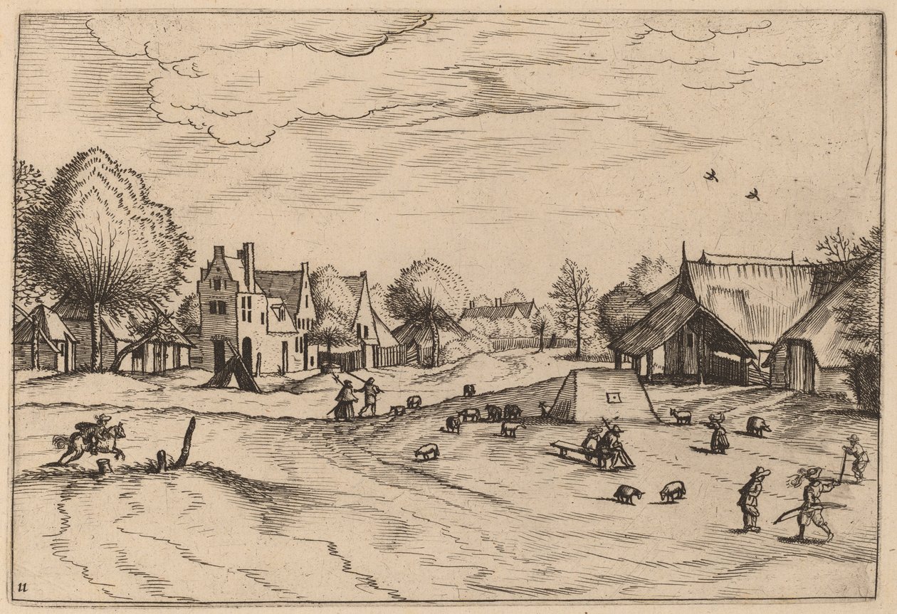 Landsby med får og siddende hyrde af Johannes van Doetechum, the Elder and Lucas