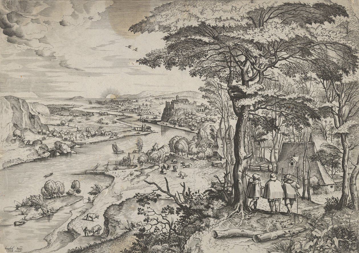 Går til Emmauslandskab med pilgrimme ved Emmaus, ca. 1555-56. Skaber: Johannes van Doetecum I, Lucas van Doetecum. af Johannes and Lucas van Doetecum