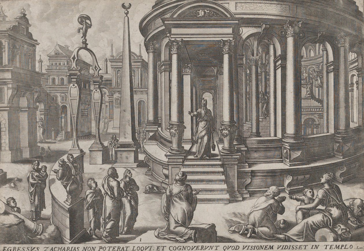Zacharias træder ud af templet, fra serien Begivenheder i og omkring templet,..., ca. 1572. Skabere: Johannes van Doetecum I, Lucas van Doetecum. af Johannes and Lucas van Doetecum