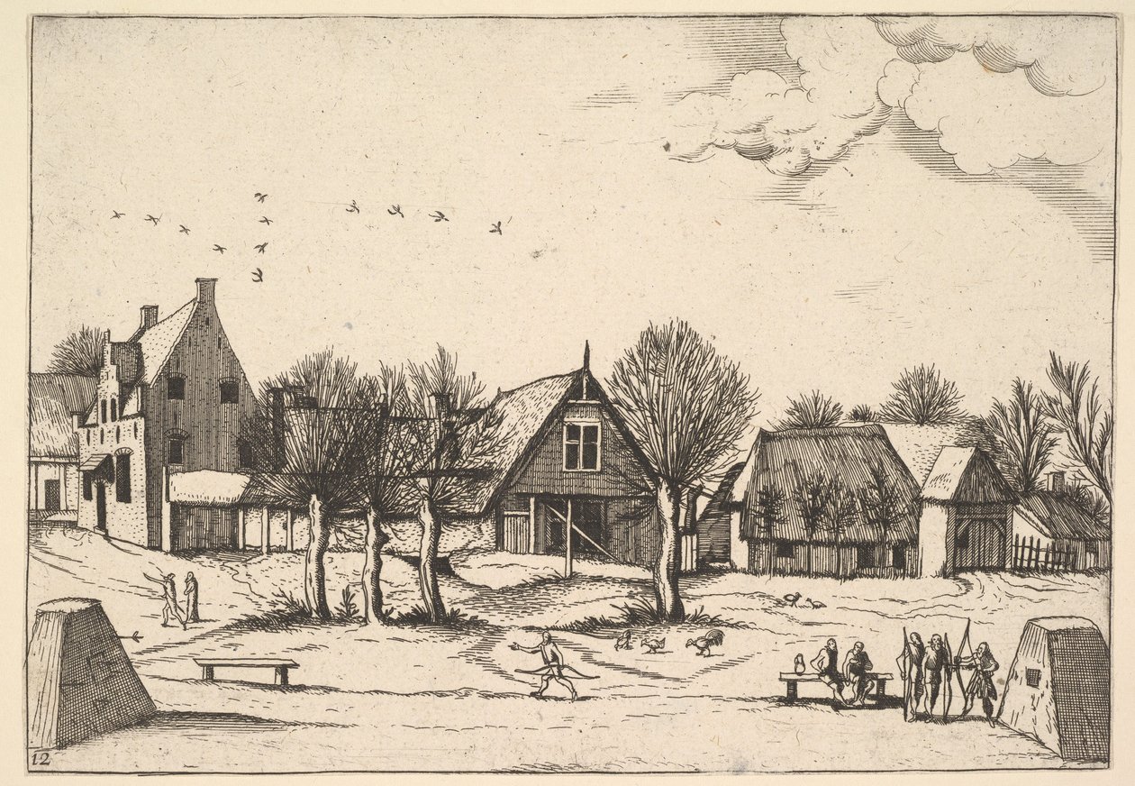 Country Village, bueskytter i forgrunden fra Multifariarum casularum ruriumque linea..., 1559-61. af Johannes van Doetecum I