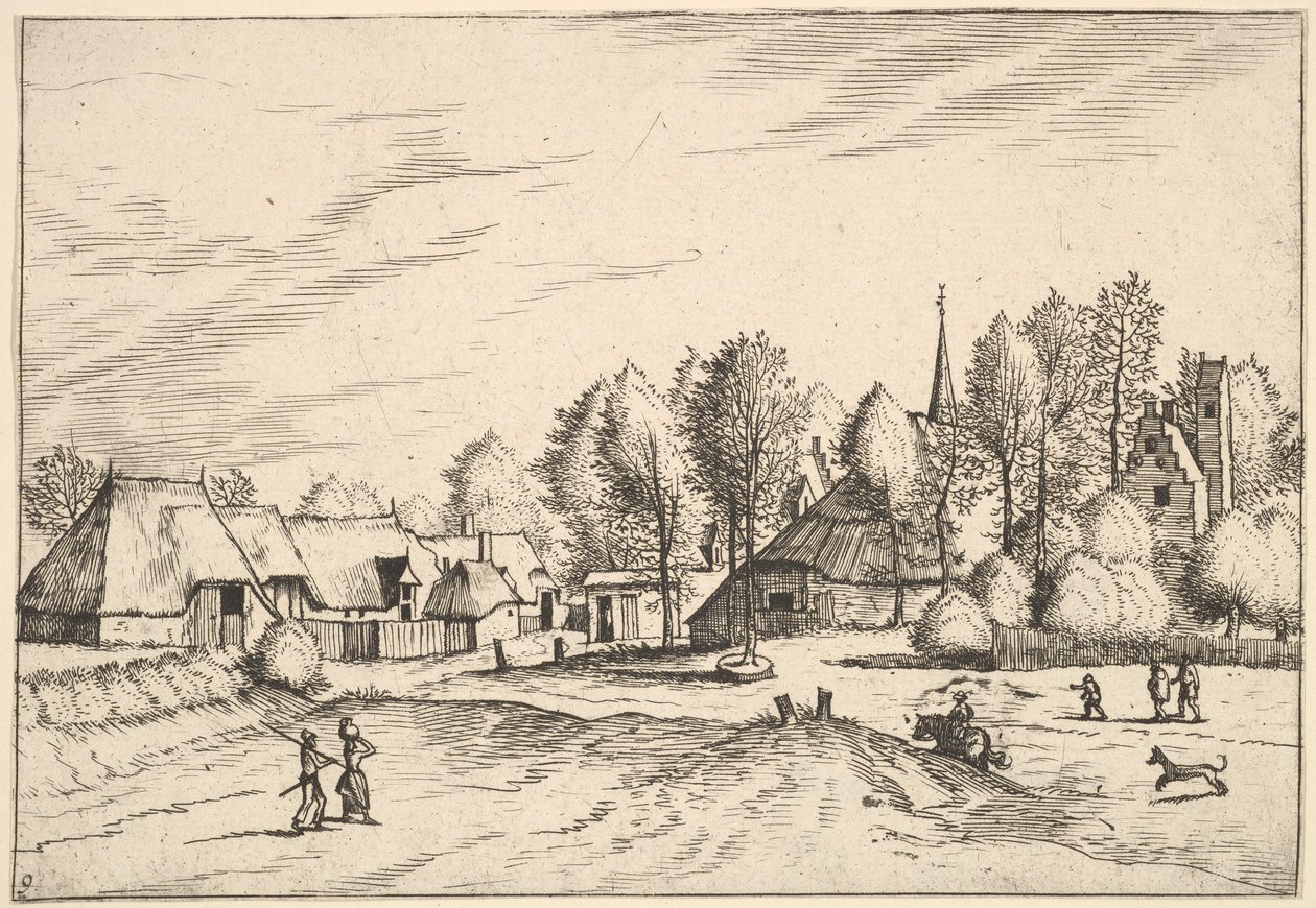 Landsby med kirketårn fra Multifariarum casularum landlige funktioner cur..., 1559-61 af Johannes van Doetecum I