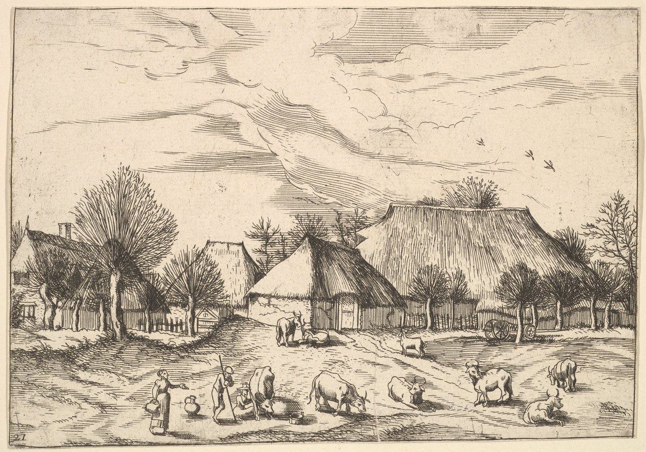 Gårde, kvæg med hyrder og malkepiger i forgrunden fra Multifariarum casularu..., 1559-61. af Johannes van Doetecum I