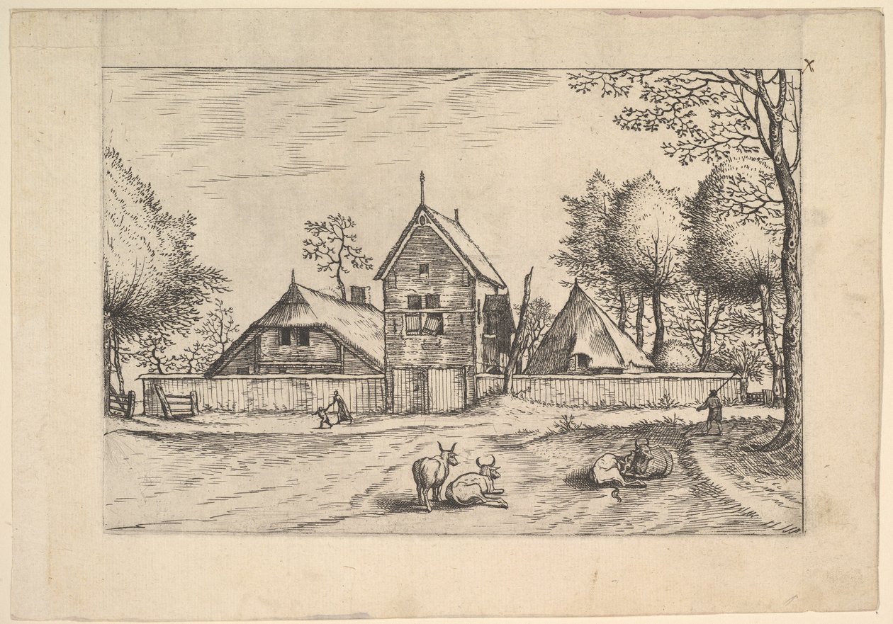 Gård, køer og hyrde i forgrunden fra Praediorum villarum et rusticar..., ca. 1559-61. af Johannes van Doetecum I
