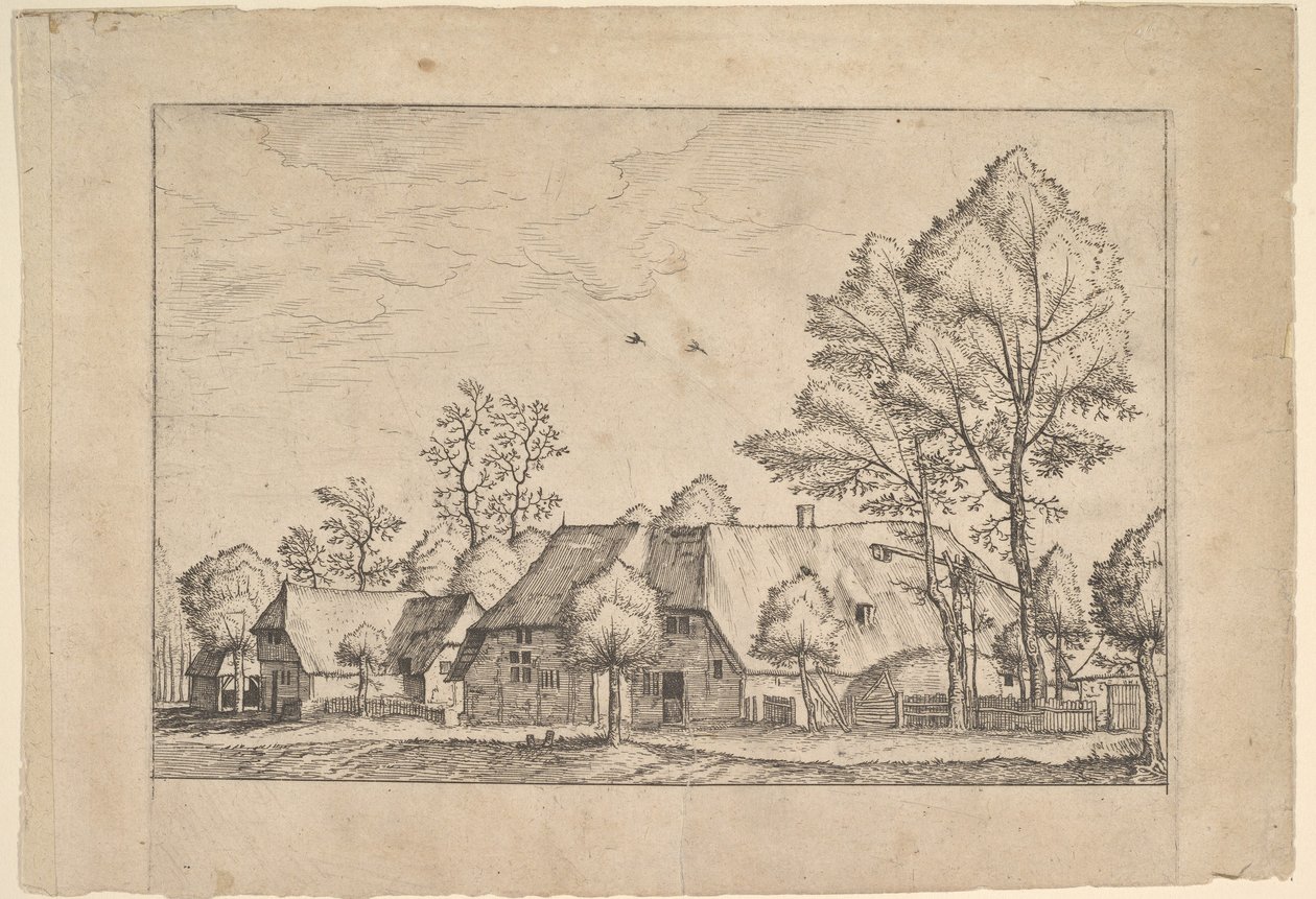 Stor gård med trækbrønd fra Ikoner af gårde og landlige hytter fra..., ca. 1559-61. af Johannes van Doetecum I