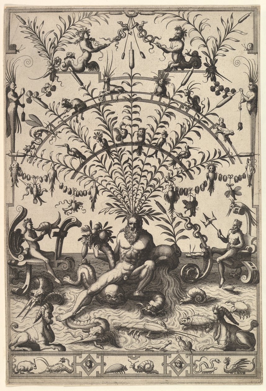 Moderne grotesk dekoration med en flodgud, 1557. af Johannes van Doetecum I