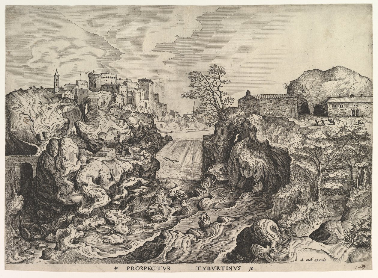 Udsigt over Tiber Tivoli Prospectus Tyburtinus fra De Store Landskaber, ca. 1555-56. af Johannes van Doetecum I