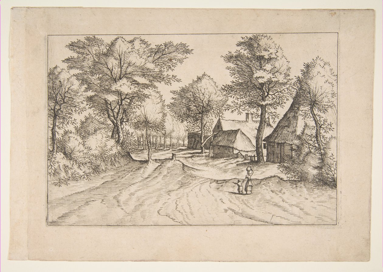 Landsbyvej med en gård og skure, fra serien, De små landskaber Multifariaru..., 1559-61. af Johannes van Doetecum I