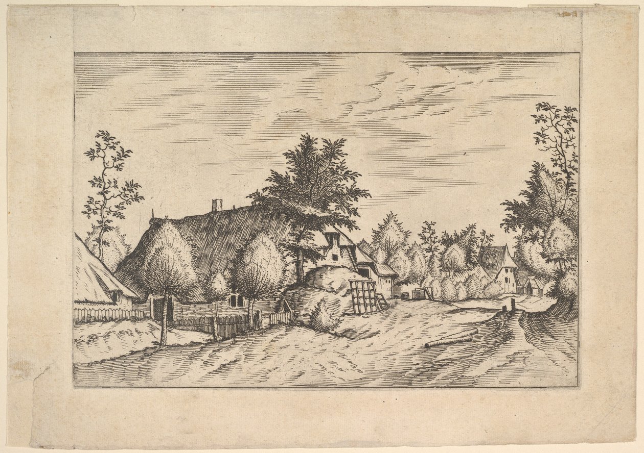 Landsbygade, hø stablet foran en gård fra Praediorum villarum et rusticar..., ca. 1559-61. af Johannes van Doetecum I