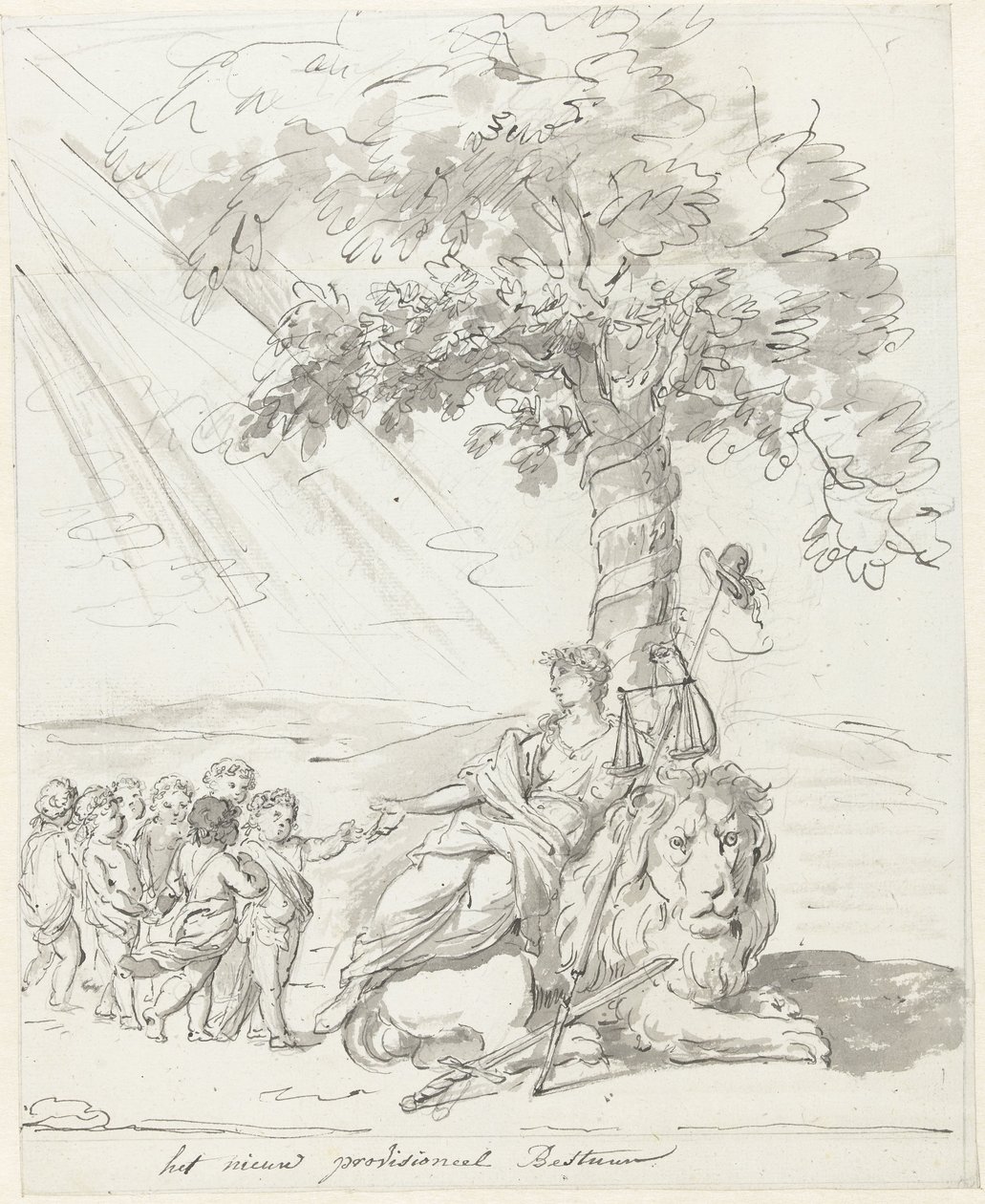 Folkets regering oprettet, dekoration på Amstelveld, 1795 Den nye foreløbige bestyrelse (titel på objekt) af Johannes van Dregt (rejected attribution)