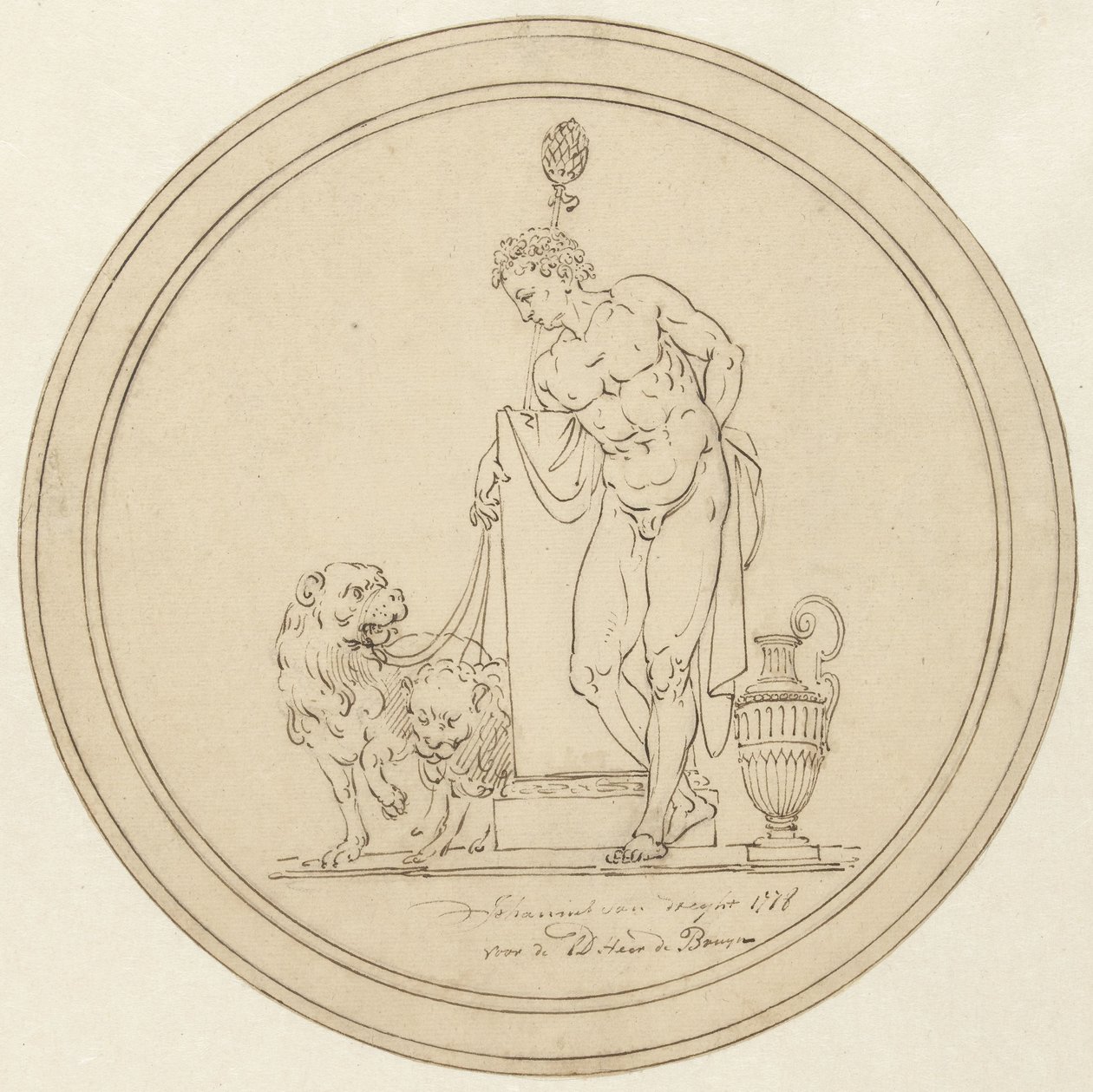 Allegorisk mandsfigur, stående med to løver af Johannes van Dregt