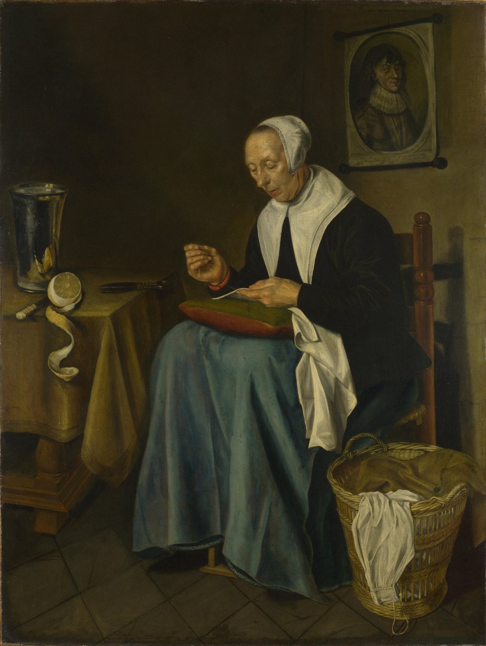 En gammel kvinde siddende syning, 1655 af Johannes van der Aeck