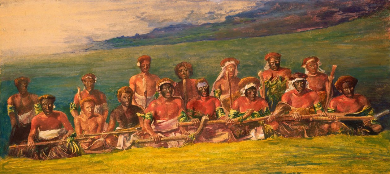 Chiefs and Performers in War Dance, Fiji af John La Farge or Lafarge