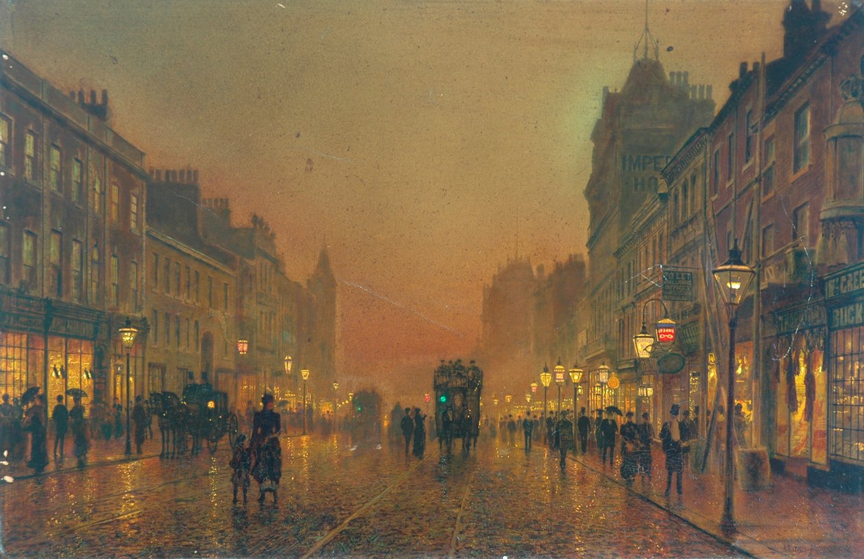 Briggate, Leeds, 1891 (olie på papir monteret på lærred) af John Atkinson Grimshaw