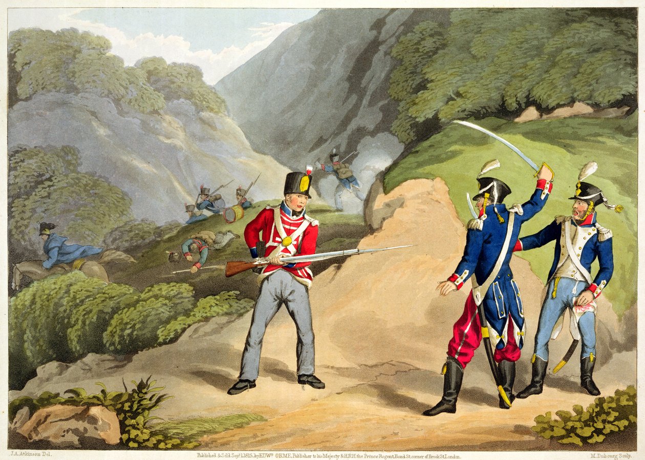 En britisk soldat, der tager to franske officerer i slaget ved Pyrenæerne, graveret af Matthew Dubourg (fl.1813-20) fra "Historic, Military and Naval Anecdotes", udgivet af Edward Orme (1774-c.1820) 18 af John Augustus Atkinson