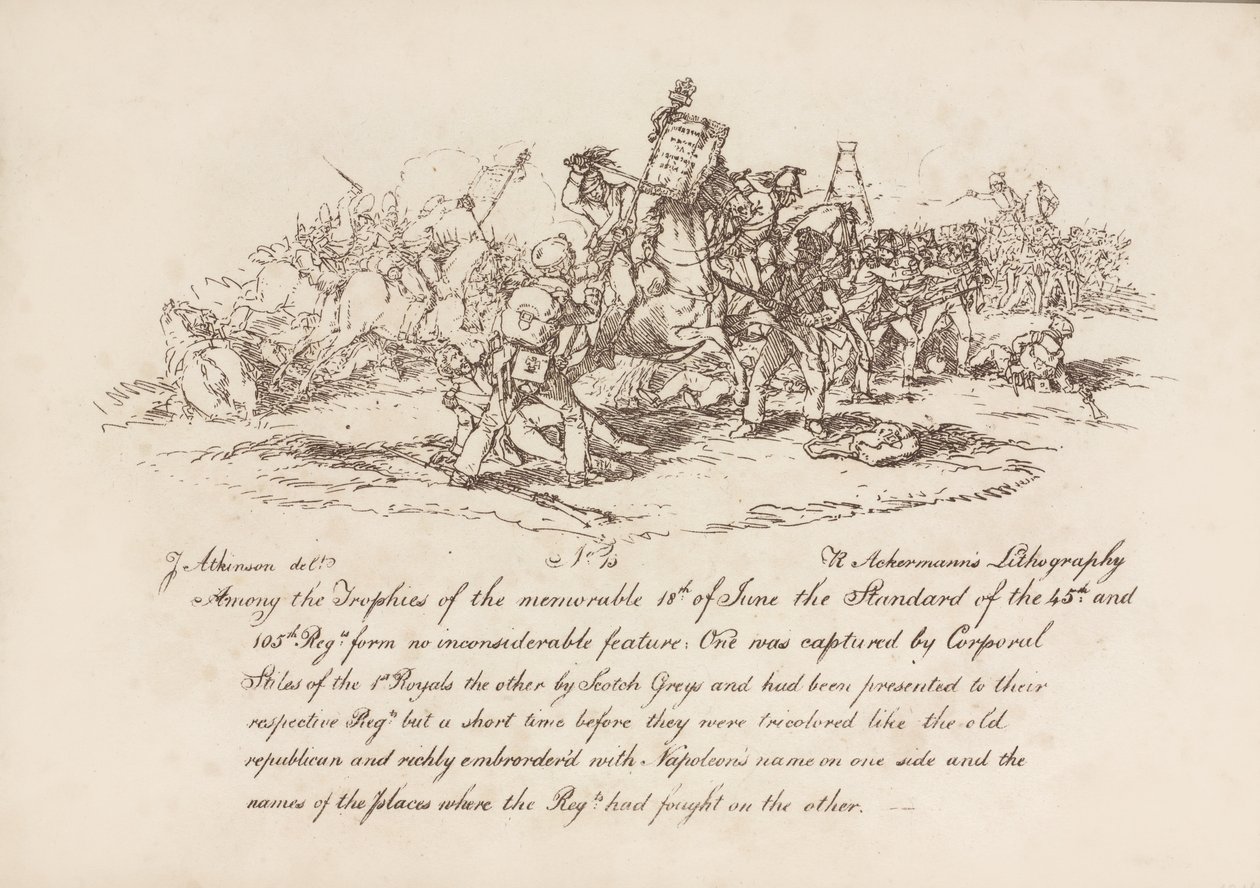 Korporal Stiles fra 1st Royals og Scotchy Greys, der fanger standarderne for det 45. og 105. regiment i slaget ved Waterloo, 18. juni 1815, litografi af R. Ackermann, 1815 af John Augustus Atkinson