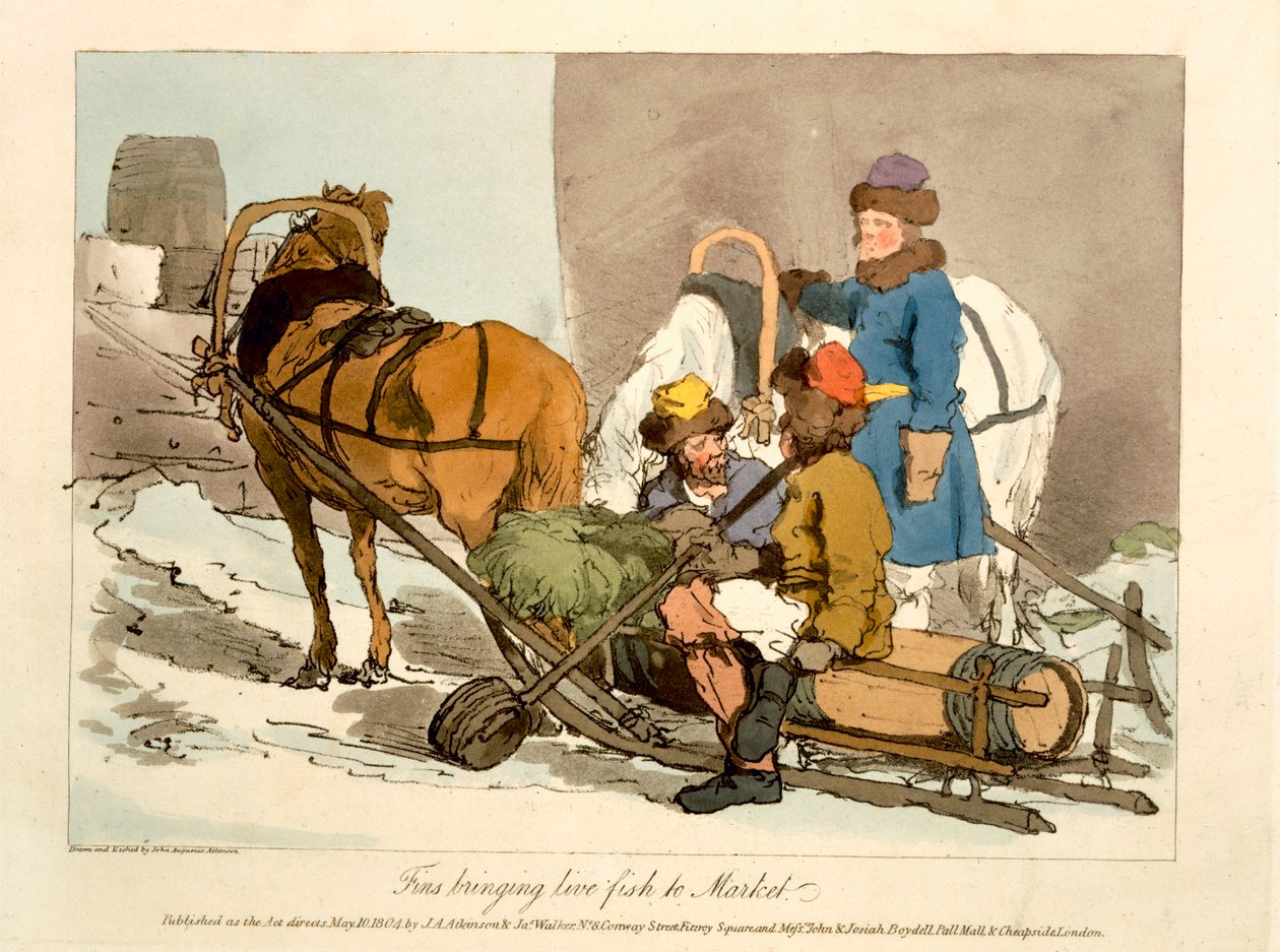 Finner der bringer levende fisk på markedet, ætset af kunstneren, udgivet 1804 af John Augustus Atkinson
