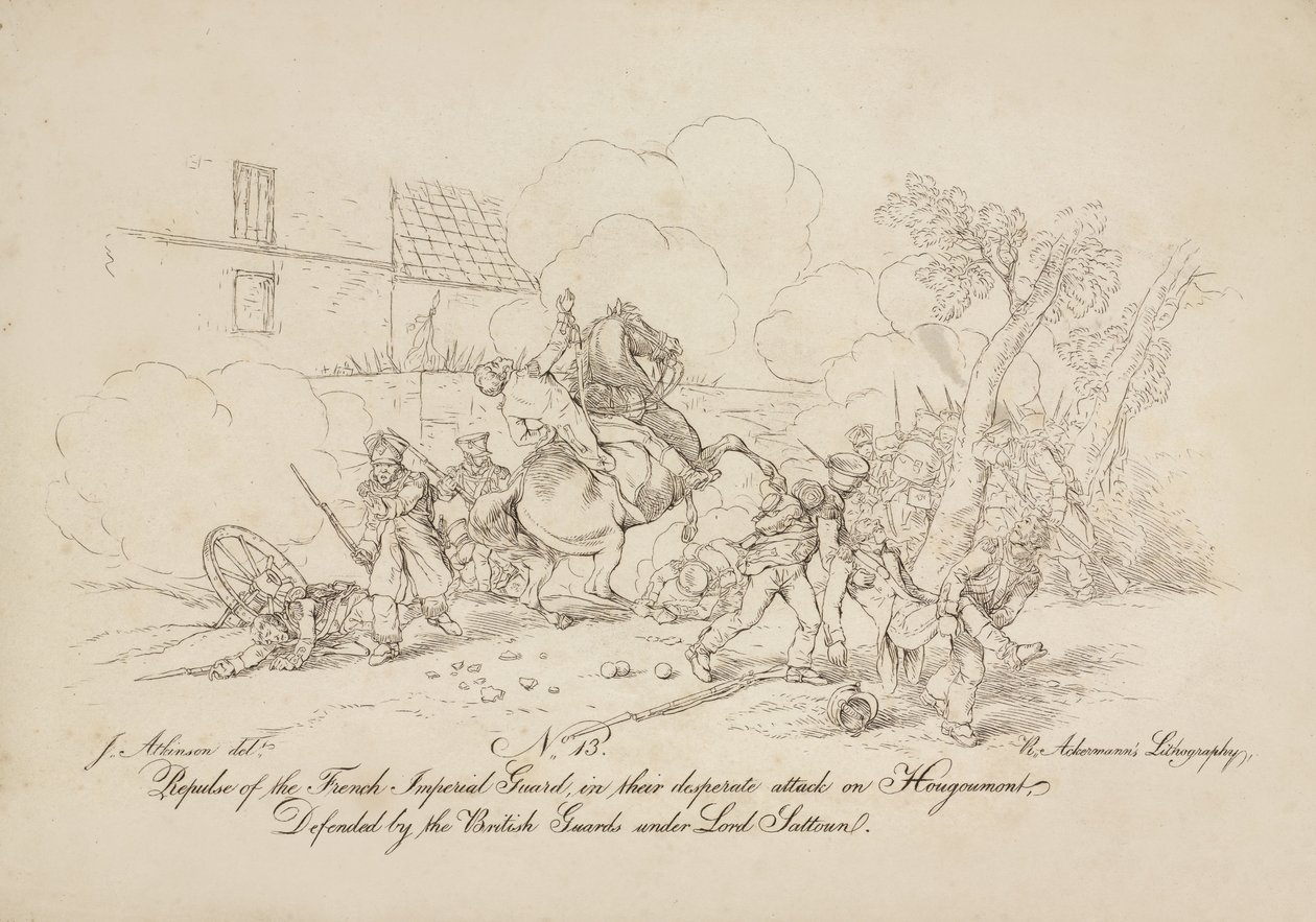 Afvisning af den franske kejsergarde i deres desperate angreb på Hougoumont, forsvaret af de britiske vagter under Lord Saltoun, litografi af R. Ackermann, 1815 af John Augustus Atkinson
