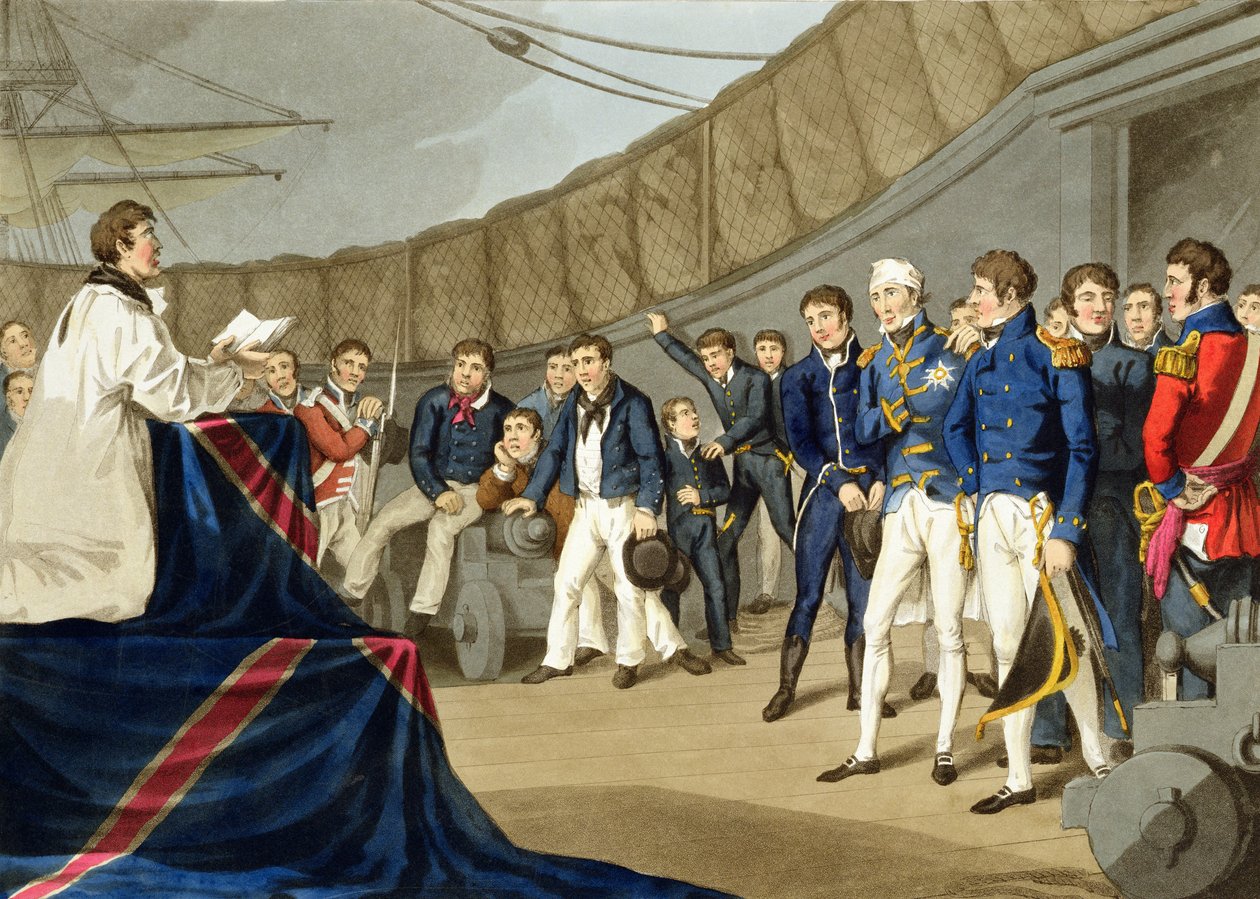 Sømænd ved bøn ombord på Lord Nelsons skib efter slaget ved Nilen, indgraveret af John Heaviside Clark (ca. 1771-1863) og Matthew Dubourg (fl. 1813-20) fra 