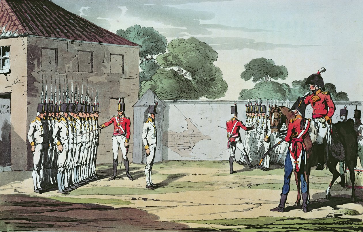 Soldiers Drilling, 1807 (farvet radering) af John Augustus Atkinson
