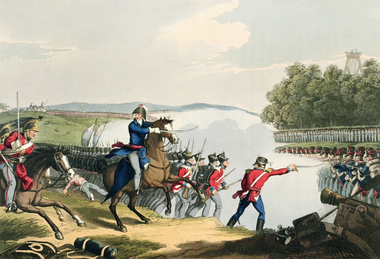 Slaget ved Waterloo besluttet af hertugen af Wellington, graveret af Matthew Dubourg (fl.1813-20) fra "Historic, Military and Naval Anecdotes", udgivet af Edward Orme (1774-c.1820) 1815 (akvaratint) af John Augustus Atkinson