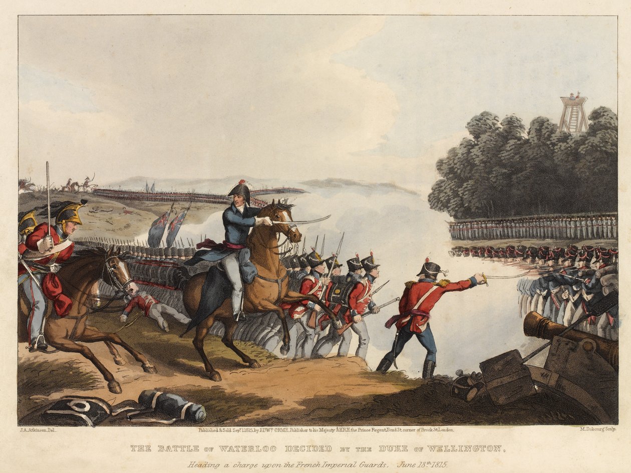 Slaget ved Waterloo besluttet af hertugen af Wellington med angreb på de franske kejserlige garder, 18. juni 1815, indgraveret af M. Dubourg, 1819 (farvet akvatint) af John Augustus Atkinson