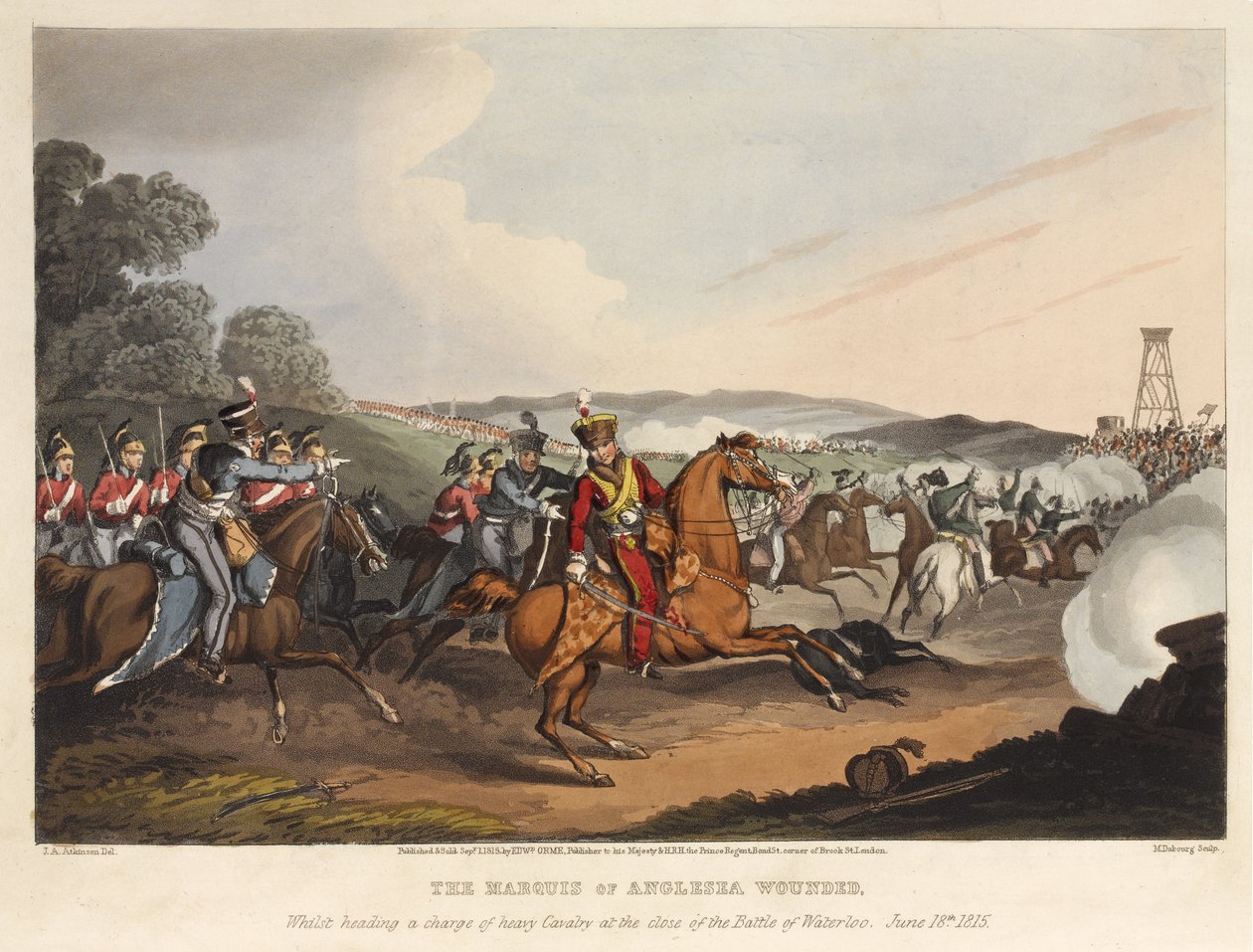 Markisen af Anglesea [sic] såret, mens han stod i spidsen for et angreb af tungt kavaleri ved afslutningen af slaget ved Waterloo, 18. juni 1815, indgraveret af M. Dubourg, 1819 (farvet akvatint) af John Augustus Atkinson