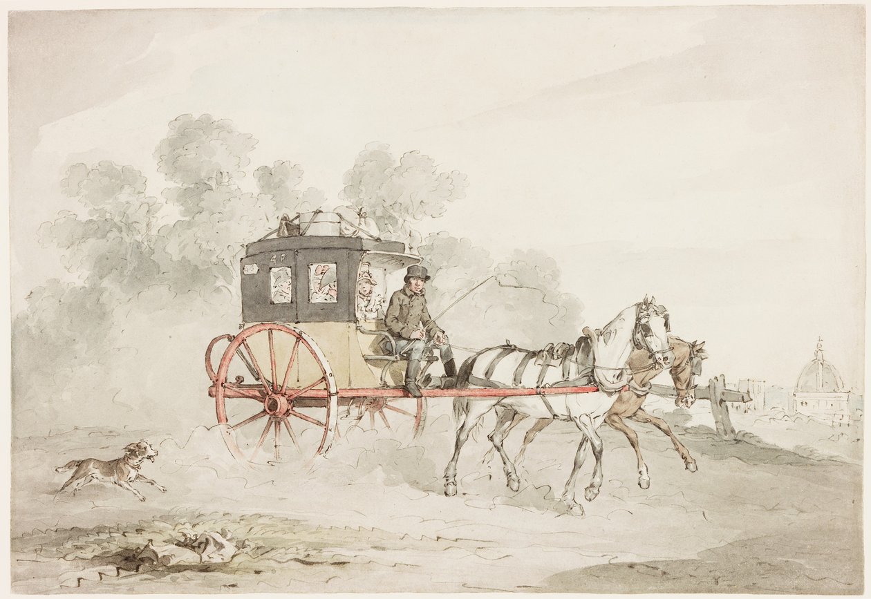 Postvognen (blæk, blyant og wc på papir) af John Augustus Atkinson