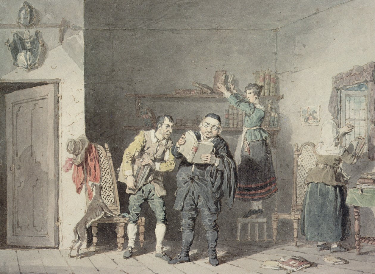 Præsten og barberen renser sammen med Don Quixotes husholderske og niece Dons bibliotek for ridderlige bøger af John Augustus Atkinson