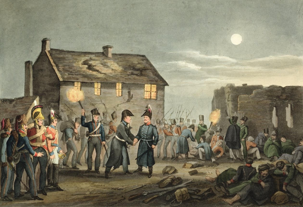 Wellington og Blucher mødes ved et uheld ved afslutningen af slaget ved Waterloo, indgraveret af Matthew Dubourg (fl.1813-20) fra 