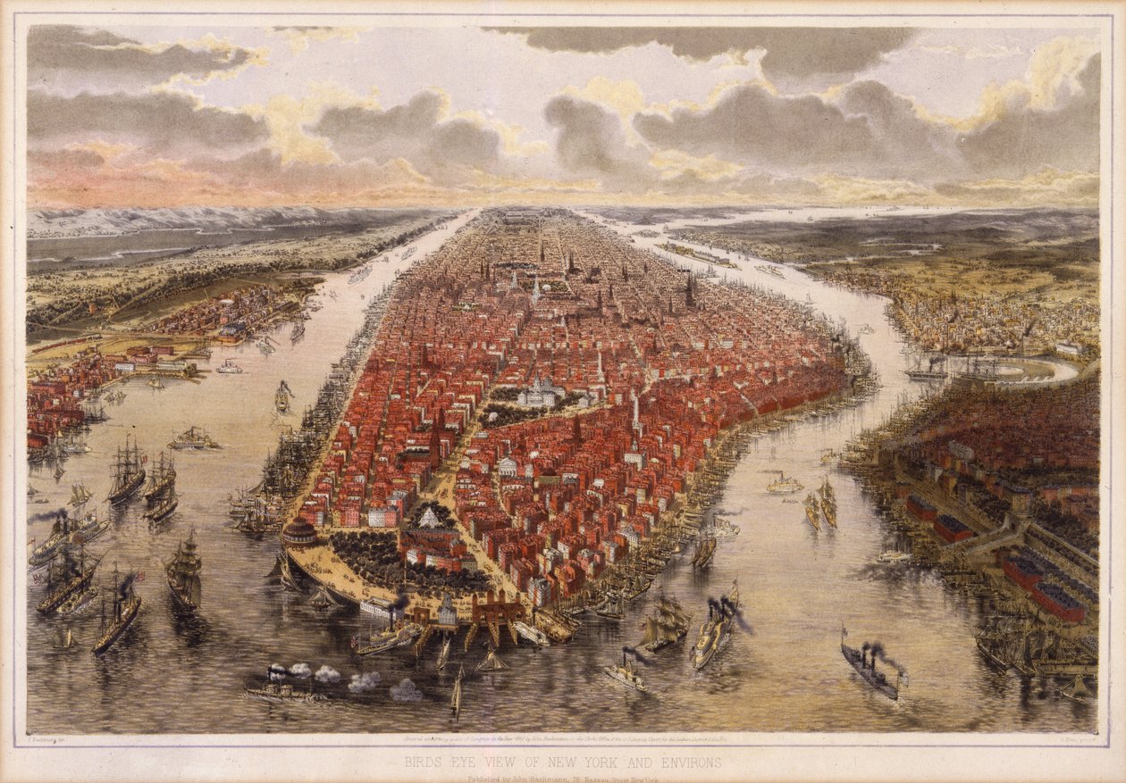 Birds Eye View af New York og Omegn, 1865 af John Bachmann