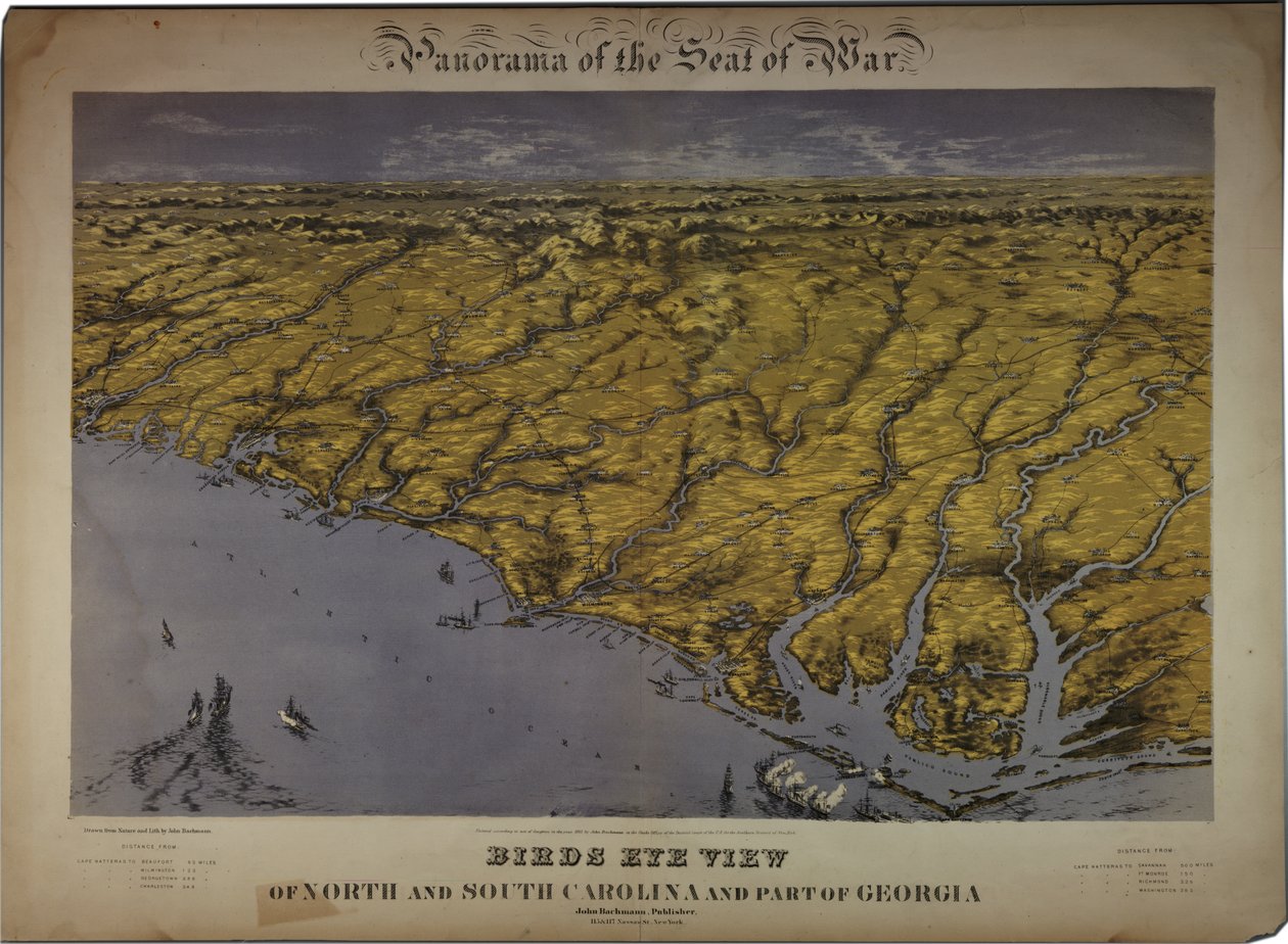 Panorama over Krigssædet: Fugleperspektiv af North og South Carolina og en del af Georgia, 1861 af John Bachmann