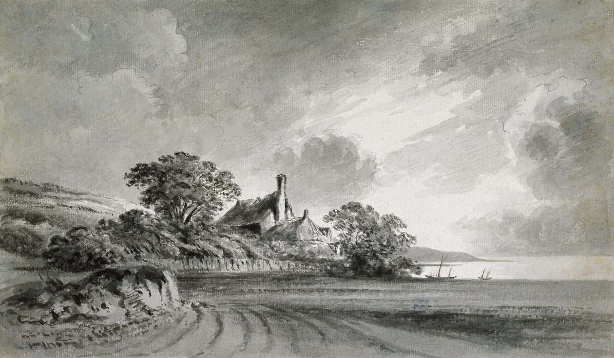 Et sommerhus nær bredden af en sø (grå vask over grafit) af John Baptist Malchair