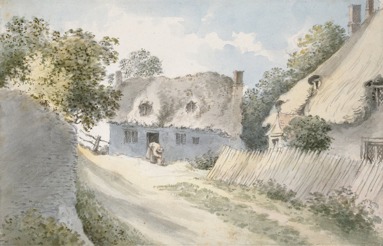 Hytter i en landsbygade (akvarel over grafit, på papir) af John Baptist Malchair